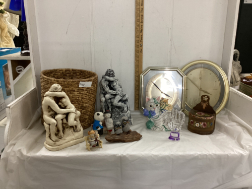 MISC DECOR ITEMS - (2) CLOCKS, WICKER BASKET, ASIAN ORNAMENTS,