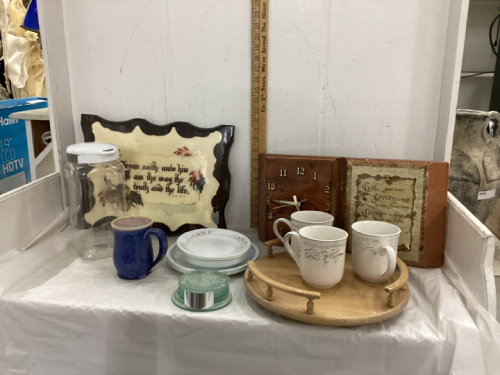 (2) BOXES W/ HOUSEHOLD ITEMS - MUGS, SOME CORELLE, WOOD LAZY SUSAN, HARLEY DAVIDSON GLASS COASTERS,