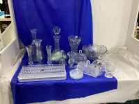 BOX OF CRYSTAL GLASSWARE - (3) BUTTER DISHES, DECANTER, PLATTER, BOWL, (2) RECTANGLE PLATTERS, ETC