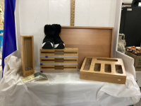 LARGE WOOD TRAY, “CALMBEE” BAMBOO ORGANIZERS FOR SARAN WRAP, BAGGIES, ETC