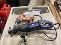 BOX WITH RECIP SAW, RIDGID DRILL- NO BATTERY, INSULATORS, GREASE GUN