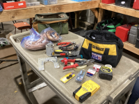 2 TOOL BAGS WITH MULTI TOOLS, TAPE. STUD FINDER, WIRE,