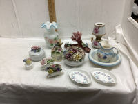 FLAT W/ PORCELAIN/BONE CHINA - FLORAL ORNAMENTS, VASE, TINY LAMP (WITH WICK)