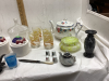 (2) FLATS W/ WINE GLASSES, TEA POT, COVERED CANDY DISH, RETRO DRINKING GLASSES, CERAMIC THIMBLES - 3