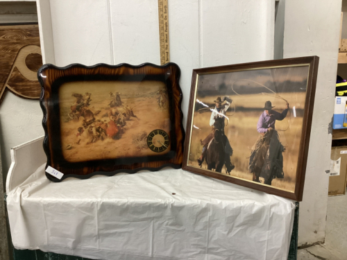 COWBOY PICTURE & CM RUSSEL PRINT - CLOCK ON WOOD