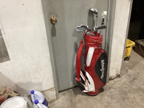 GOLF CLUBS IN RED LEATHER MACGREGOR BAG
