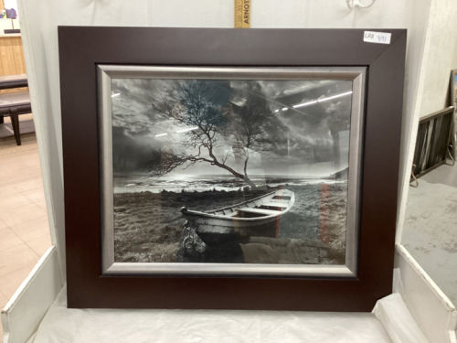 FRAMED PICTURE WITH BOAT - BLACK/GREY TONES