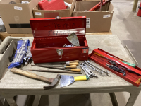 SMALL RED TOOLBOX WITH ASSORTED TOOLS