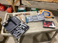 BLOCK HEATER CORDS, DRILL BITS, 2 HATCHETTS, SMALL TOOL KITS