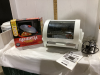 REHEATZA MICROWAVE CRISPER, GEORGE FOREMAN ROTISSERIE COOKER