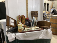 BOX W/ MISC ITEMS - FLORAL RUBBER BOOTS, WICKER VASE, IRON, SOME DECOR