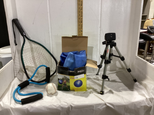 BOX W/ TRIPOD, SQUASH RACQUET, EXERCISE BALL & BANDS