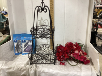 METAL FRUIT BASKET & RED ARTIFICIAL FLOWERS