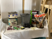 BOX W/PAINTING SUPPLIES, BASKETS, MOUSE POISON, PAINT THINNER