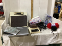 (2) BOXES W/ SCALES, KITCHEN SCALES, SINGER HAND SEWER, WOOL