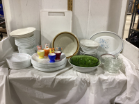 (2) BOXES W/ CORELLE DISHES, SERVING BOWLS, ANIMAL MOTIF EGG CUPS, FRUIT NAPPIES, CUTTING BOARD