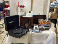 CASSESTTE TAPES, CD’S, VINTAGE LOOK RADIO, VICTROLA RECORD PLAYER - NO CORD. BLOOD PRESSURE CUFF