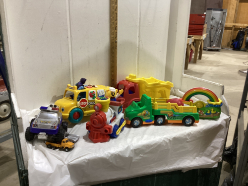 BOX OF PRESCHOOL TOYS - TRUCKS, BUS