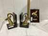 SMALL BOX W/BRASS BOOK ENDS, BRONCO PLAQUE