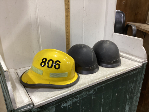 YELLOW FIREMENS HELMET & (2) MOTORCYCLE HELMETS