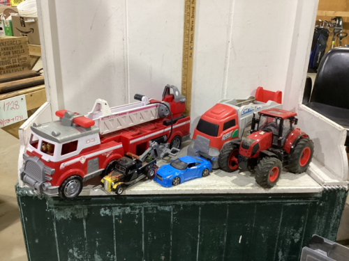 TOY TRUCKS, FIRE ENGINE, TRACTOR, CAR