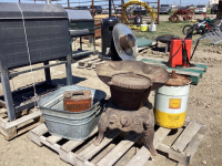 PALLET W/ WASH TUB, MCCLARY WOOD STOVE PARTS/PIECES & “SHELL” PAIL