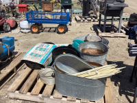 PALLET W/ LAWN EDGING, GALVANIZED WASH TUBS, GALVANIZED BOILER,