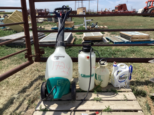 PALLET W/ (3) SPRAYERS & JUG OF ROUND-UP