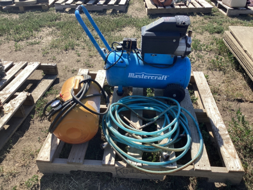 PALLET WITH MASTERCRAFT AIR COMPRESSOR, AIR TANK, AIR HOSE TIRE IRON