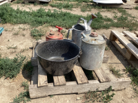 PALLET WITH METAL GAS CANS, WATERING CAN, ENAMEL POT