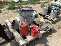 PALLET WITH METAL GAS CAN, WASH TUB, ENAMEL PANS, ASH SHOVELS,