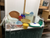 (2) GOOD TOTES W/ MISC HOUSEHOLD ITEMS - (2) CORELLE PLATTERS, TUPPERWARE - 2