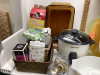 BOX & GOOD TOTE W/ HOUSEHOLD ITEMS - RICE COOKER, TEAS, HEATING PAD, BOWLS, ETC - 2