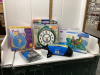 BOX W/ GAMES, WATER TOY, LIONEL TRAIN CLOCK, HEADREST, MINI DIGITAL CAMERA