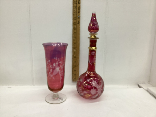 (2) PINK GLASS PIECES - VASE & WINE DECANTER