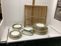 TOTE W/ ROYAL DOULTON DISH SET - “ANTIQUE GOLD” & WOOD DRYING RACK