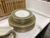 TOTE W/ ROYAL DOULTON DISH SET - “ANTIQUE GOLD” & WOOD DRYING RACK - 3