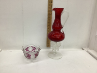 (2) GLASS PIECES - SMALL GLASS CANDY DISH & RED PITCHER ON STAND