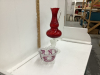 (2) GLASS PIECES - SMALL GLASS CANDY DISH & RED PITCHER ON STAND - 2