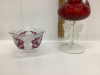 (2) GLASS PIECES - SMALL GLASS CANDY DISH & RED PITCHER ON STAND - 3