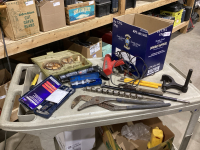 BOX W/WATER PUMP PLIERS, HOLE SAWS, DIGITAL CALIPER, AUGER BIT, CHISEL,PUNCH