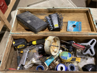 WOOD TOOLBOX W/HOLE SAW, STUBBY WRENCHES, SCREWDRIVERS,TAPE MEASURE, ALLAN WRENCHES,