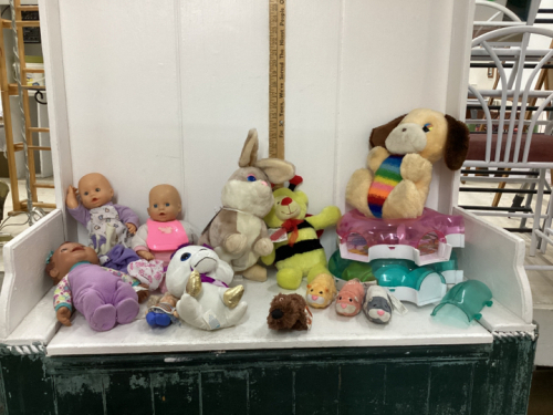 (2) BOXES W/ DOLLS, STUFFIES, TOY HAMSTERS & CAGES