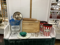 WOOD BREAD BOX & BOX W/ MISC HOUSEHOLD - CANDLE HOLDERS, CERAMIC POPCORN BOWLS