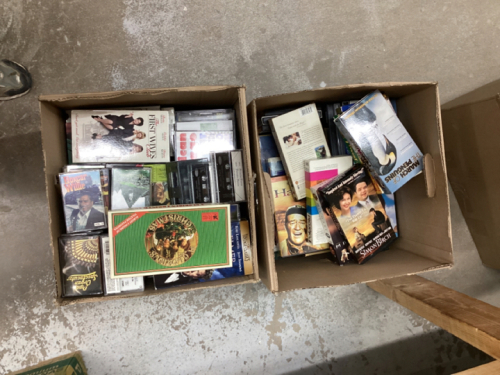 (2) BOXES W/ VHS, CD’S, CASSETTES