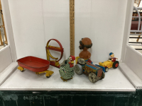 VINTAGE TOYS - TIN TRACTOR, WOOD TRACTOR, OLD BOBBLE HEAD, METAL RED WAGON