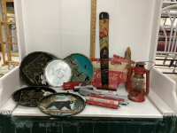 BOX W/ LANTERN, COCA COLA CARDBOARD BOXES, TIN TRAYS,