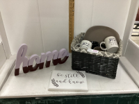 “HOME’ SIGN, WICKER BASKET W/COFFEE MUG ASSORTMENT