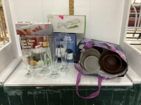 BOX & BAG W/ SLAP CHOP, FOOD PREP MACHINE, VINTAGE TUPPERWARE, BEER GLASSES,