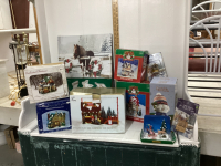 (2) BOXES OF CHRISTMAS DECOR -CERAMIC CHRISTMAS VILLAGE PIECES - SOME ARE LIGHTED